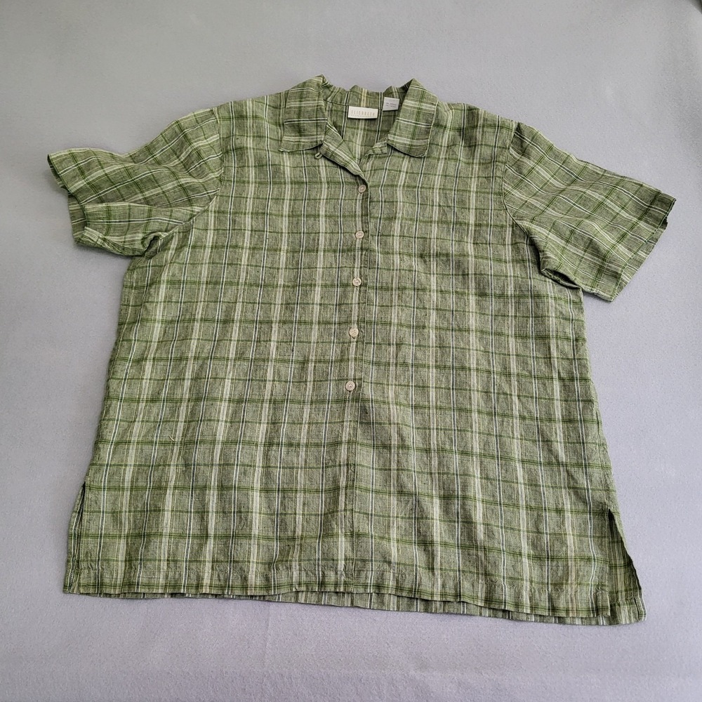 Elisabeth Liz Claiborne 100% Linen Short Sleeve Button Up Plaid Shirt Women's 18